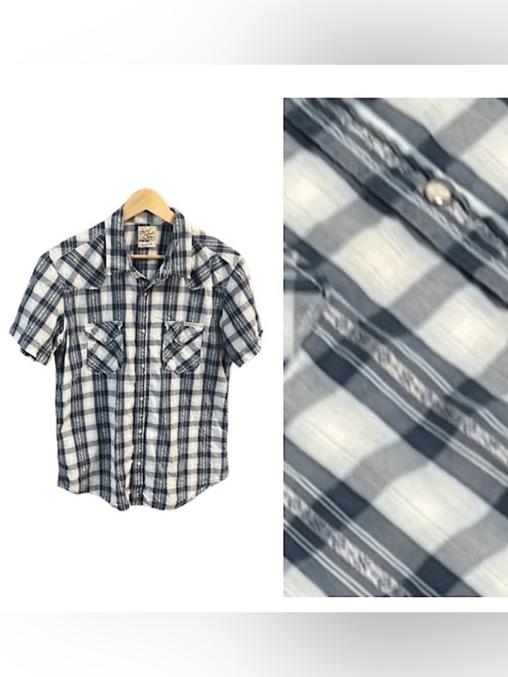 Lucky Brand Shirt pearl snaps blue and white plaid with a western design Medium